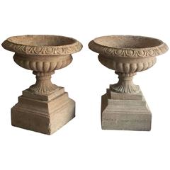Pair of English Garden Stone Urns on Plinths 7