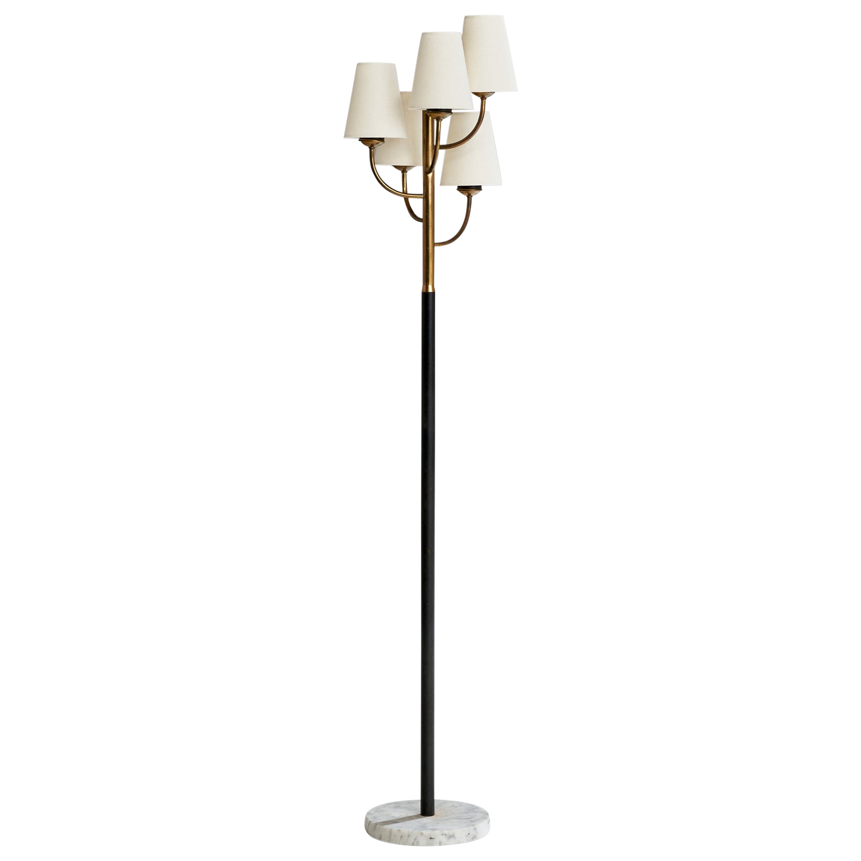 Lampadaire de designer italien, laiton, métal, marbre, tissu, Italie, années 1950