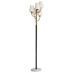 Lampadaire de designer italien, laiton, métal, marbre, tissu, Italie, années 1950