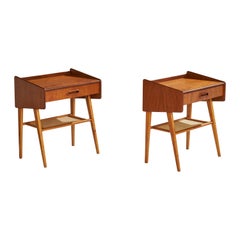 Swedish Designer, Nightstands, Teak, Birch, Raffia, Sweden, 1950s