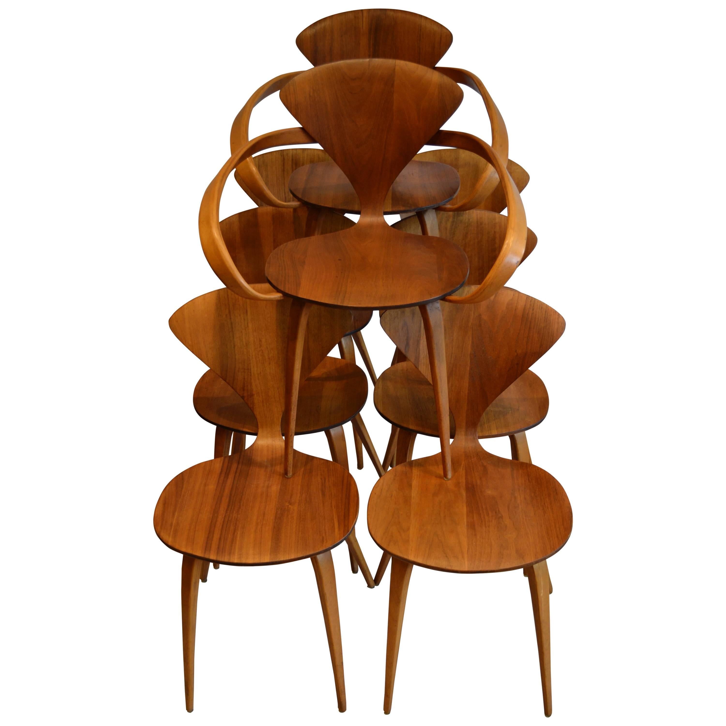 Set of Eight Norman Cherner for Plycraft Walnut and Beech Dining Chairs, 1950s