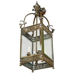 Antique English Bronze Regency Lantern Chandelier with Lion Heads and Griffins