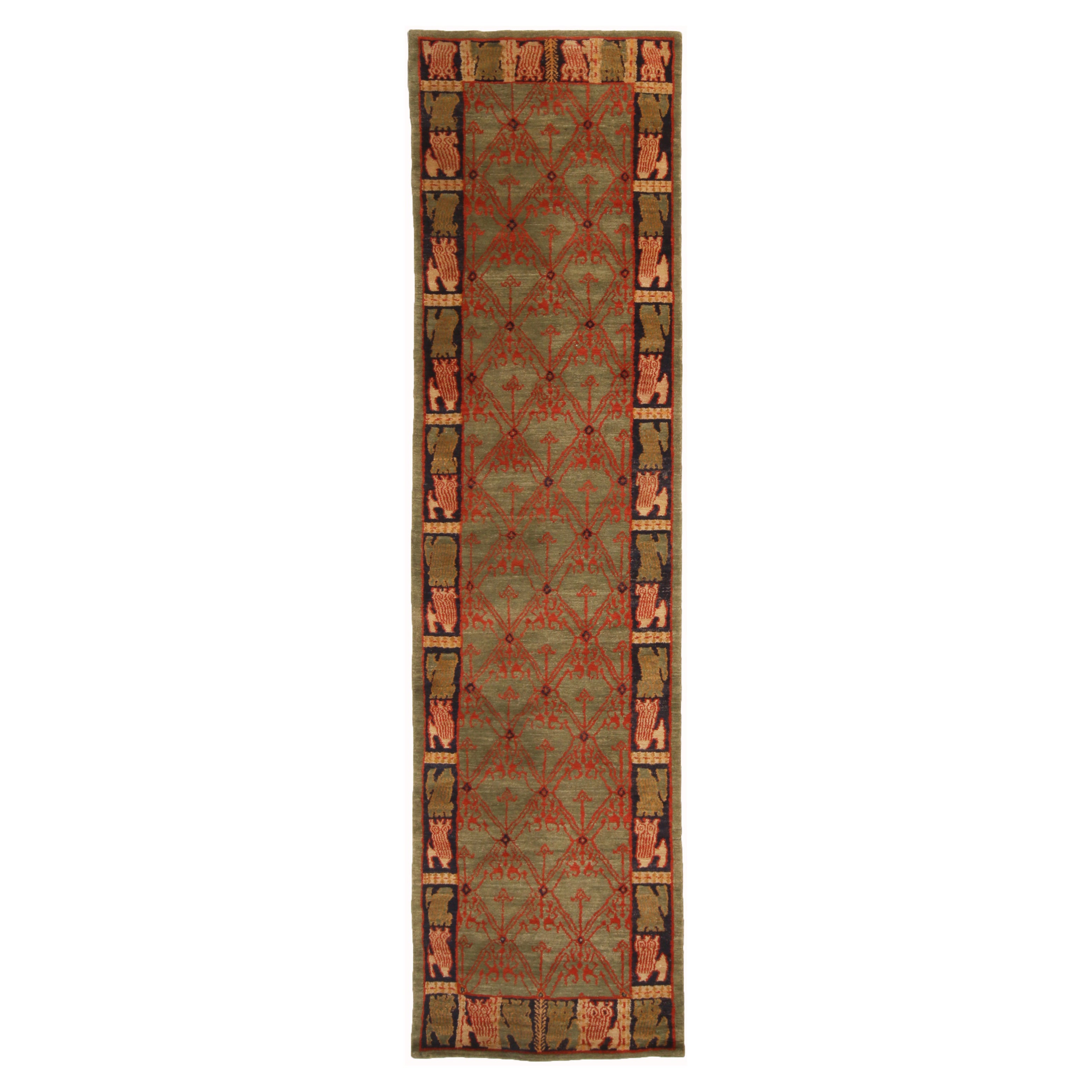 Rug & Kilim’s Traditional Geometric Green and Red Wool Custom Runner – “Cortez”