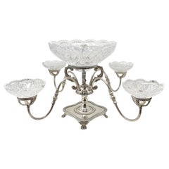 Estate English Silver-Plated Epergne with Cut Crystal Bowls, Circa 1950's.