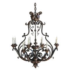 Forged Iron Antique Twelve-Light French Chandelier, circa 1890
