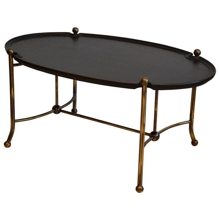 Oval Parquet Top and Brass Base Coffee Table in the Style of Bernard