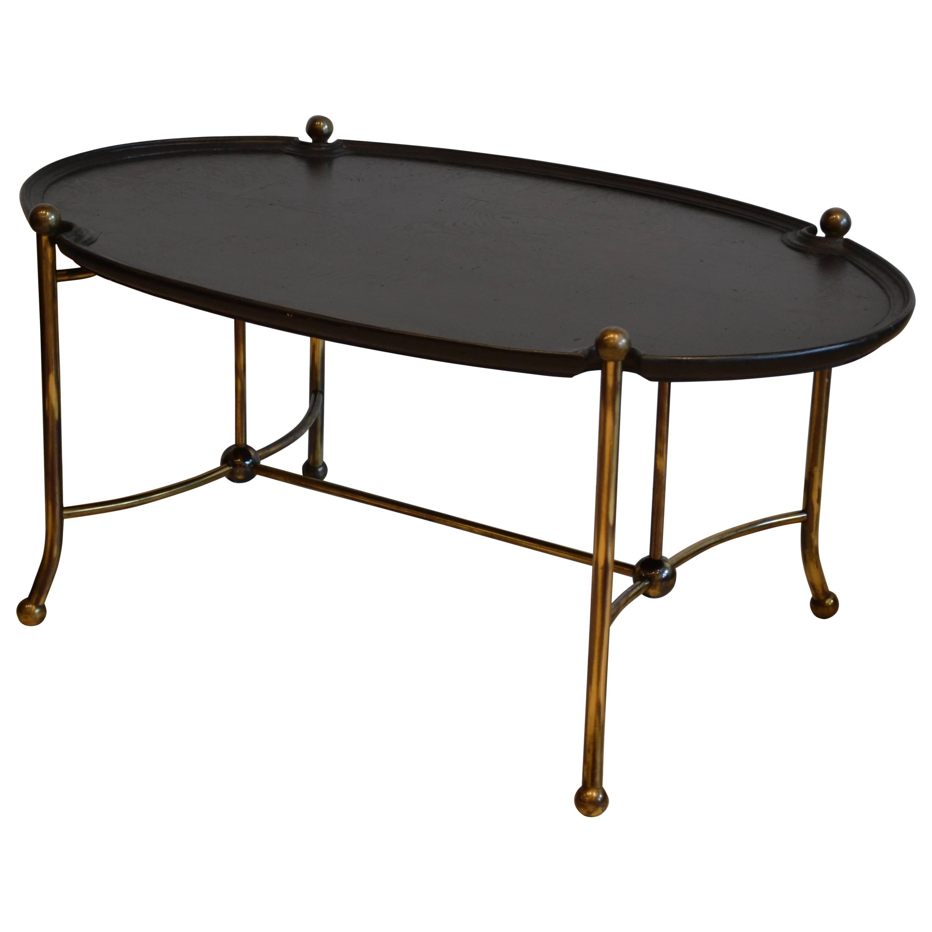 Oval Parquet Top and Brass Base Coffee Table in the Style of Bernard Rohne