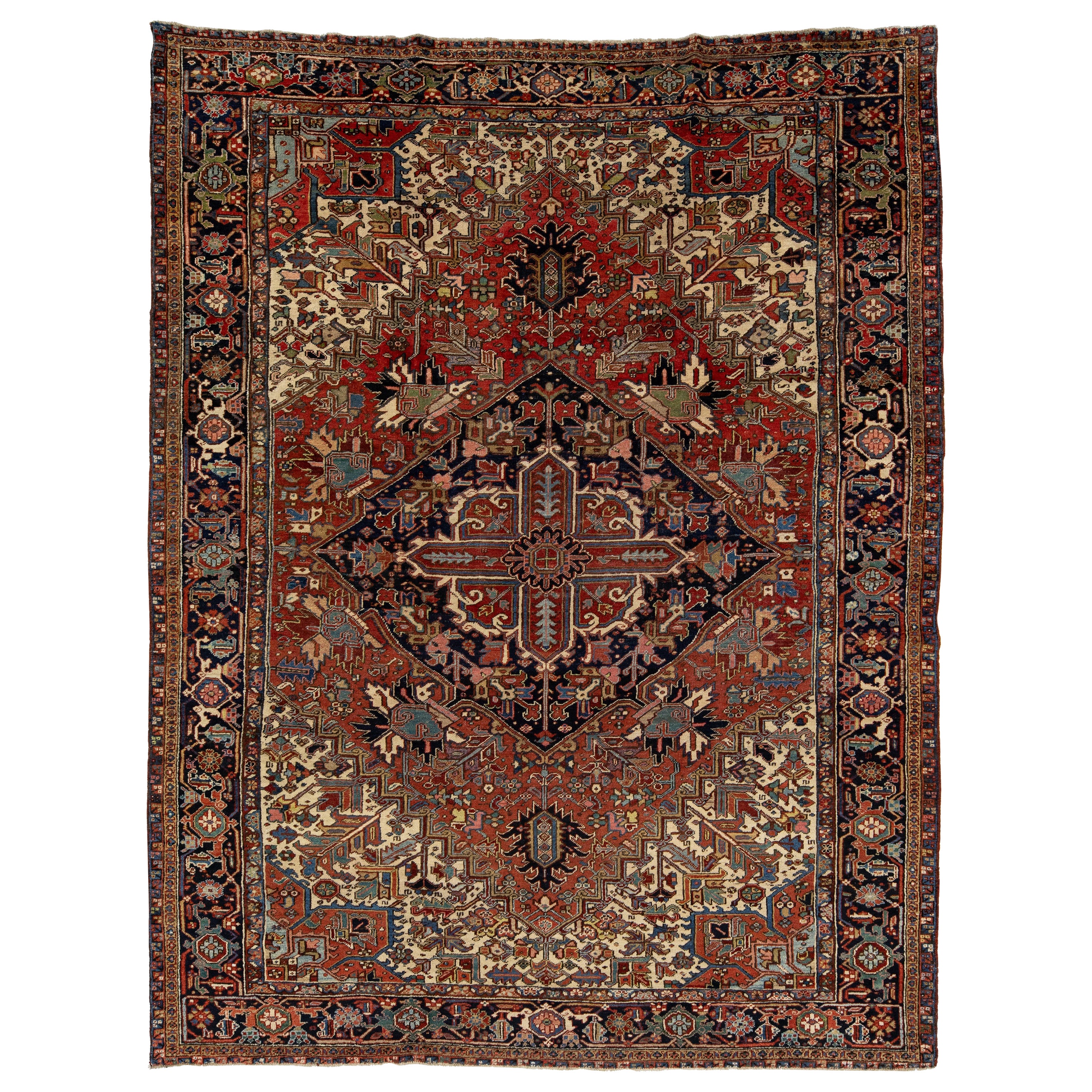 9 x 12 Antique Persian Heriz Red Wool Rug With Medallion Design For Sale