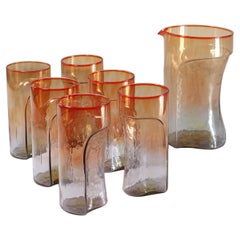 1970 Toni Zuccheri VeArt, brocca di vetro di Murano di design italiano, set di 6 bicchieri