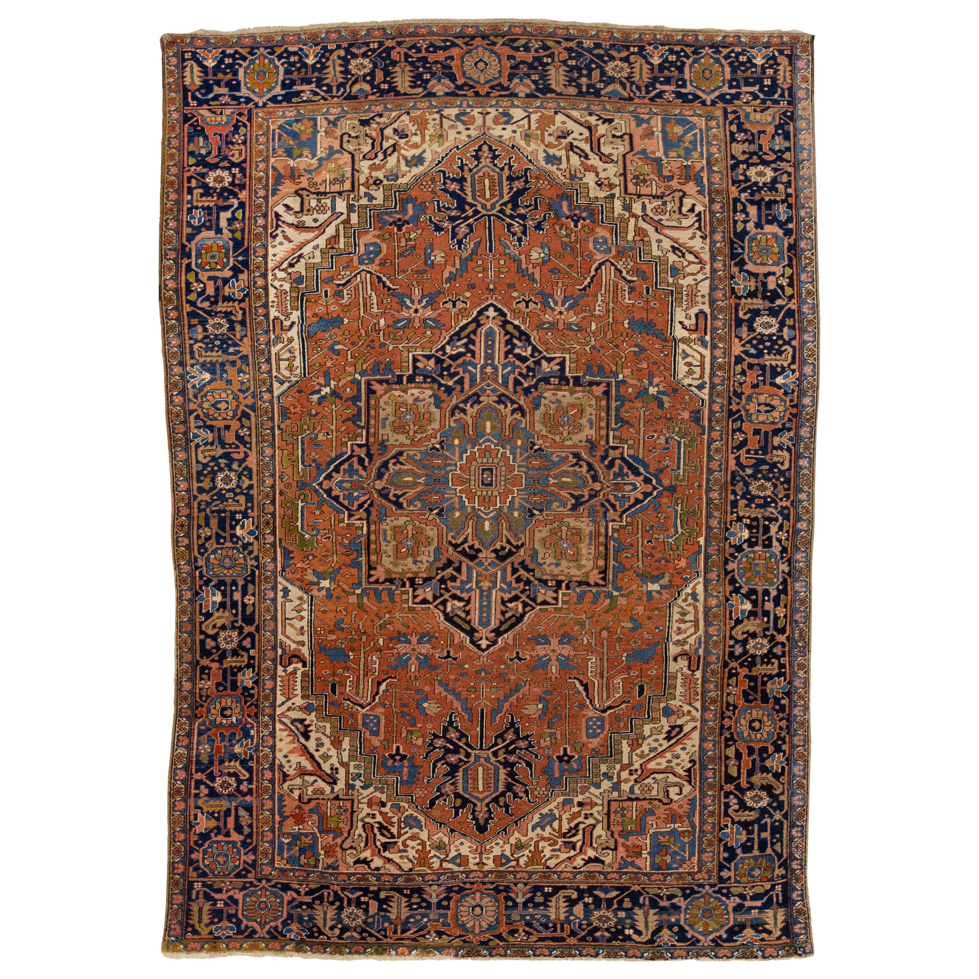 1900s Antiker Persischer Heriz Wollteppich Handgemacht In Rost Mit Medaillon Design im Angebot
