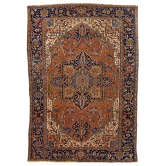 1900s Antique Persian Heriz Wool Rug Handmade In Rust With Medallion Design