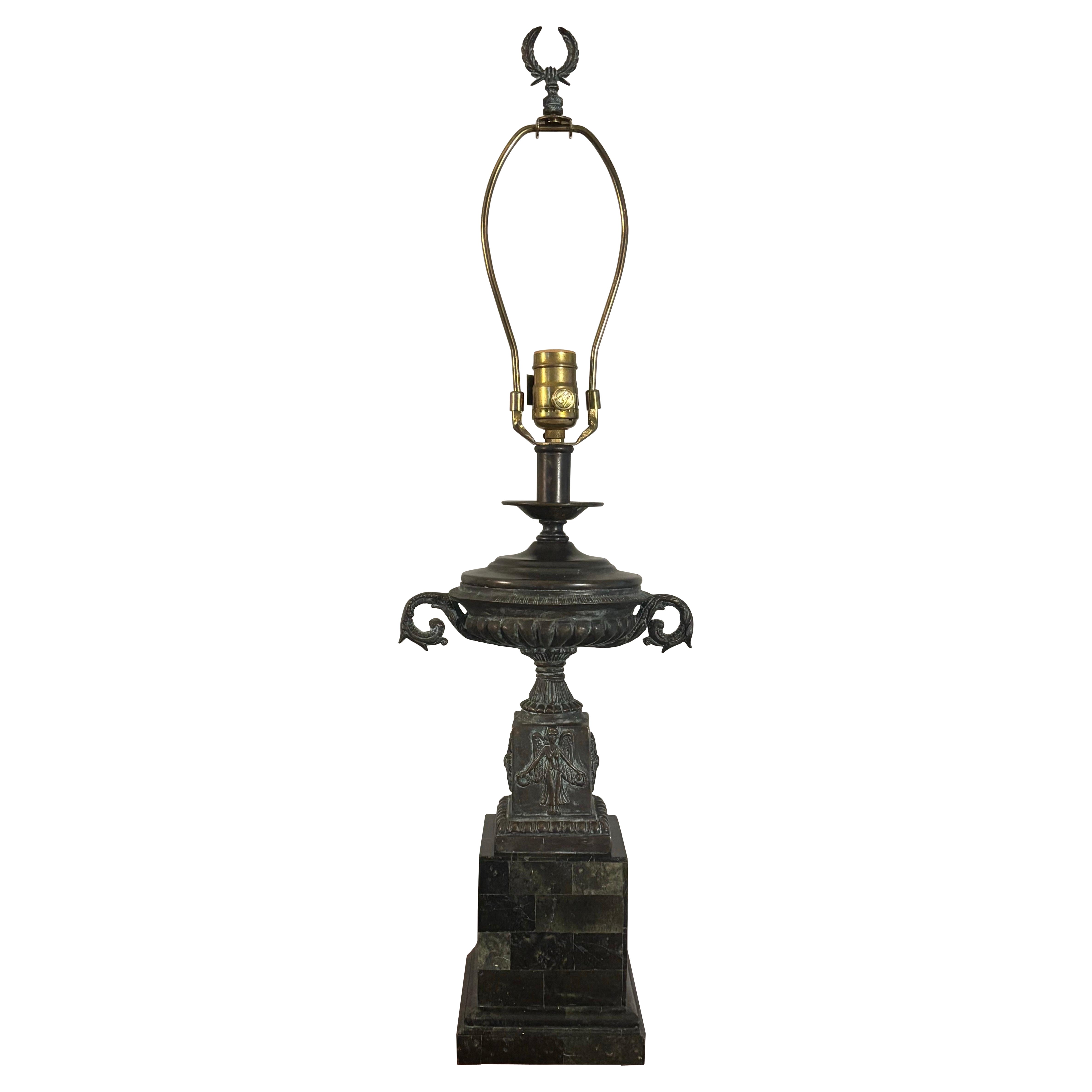 Patinated Cast Bronze and Tessellated Stone Table Lamps by Maitland Smith