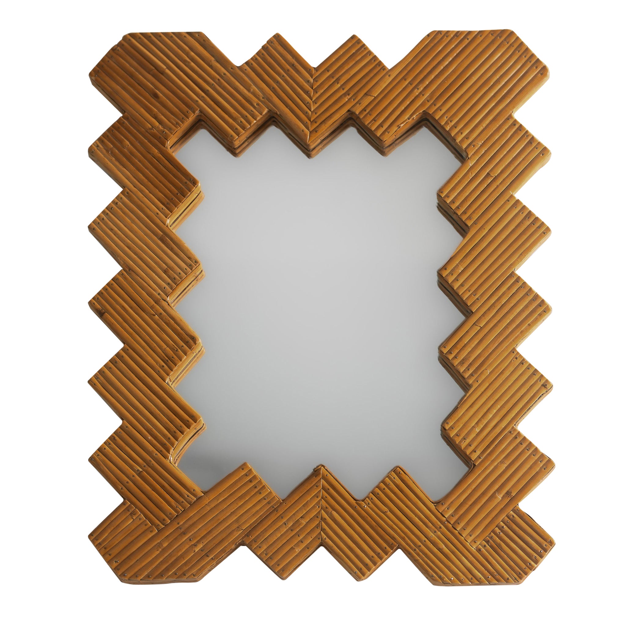 Herringbone Patterned Rattan Cane Wall Mirror Vintage Style