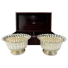 Paire de bols cannelés Pampaloni en argent sterling dans son coffret en bois d'origine