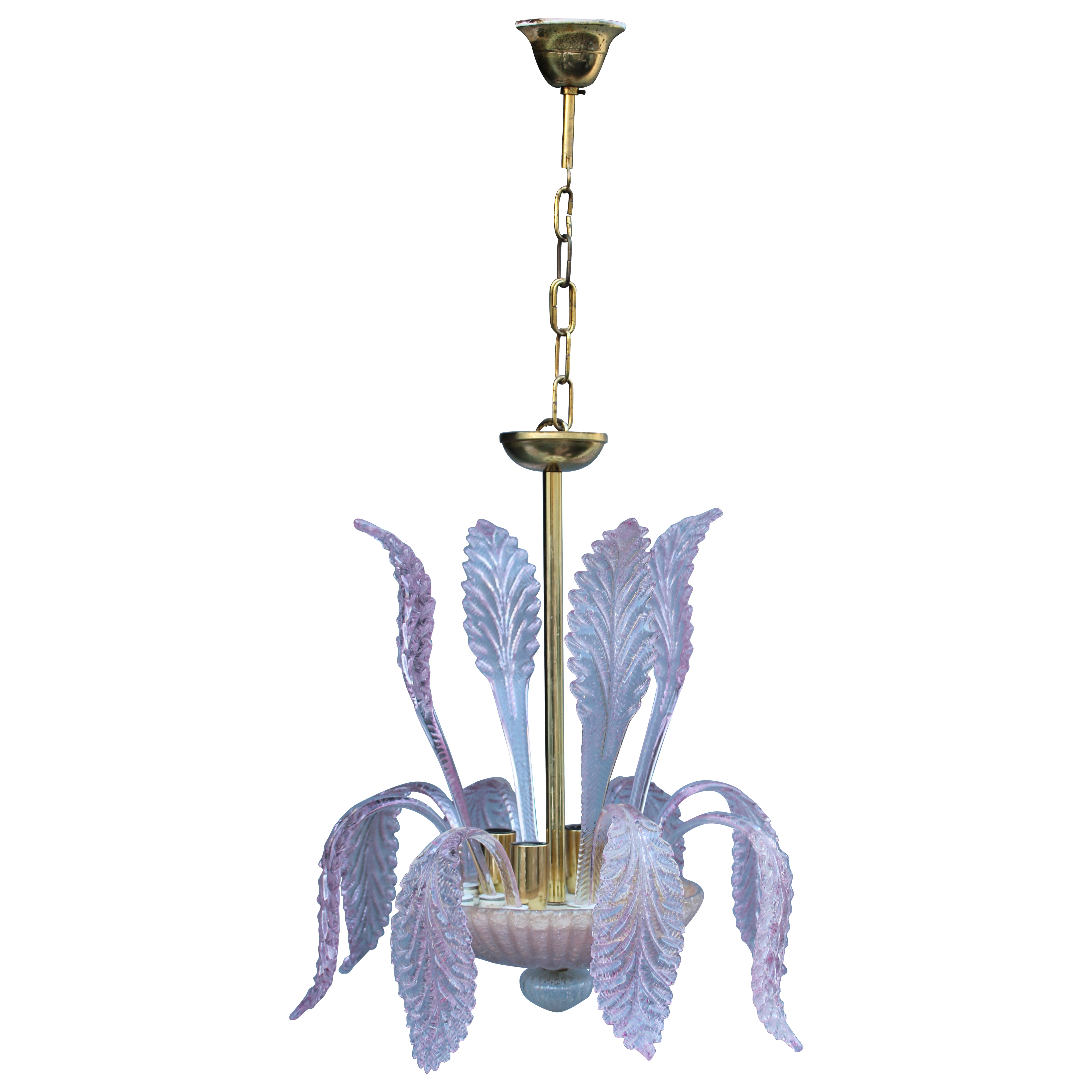 Round Italian Murano Chandelier Pink Gold Color 1970s Leaves Flowers in vendita