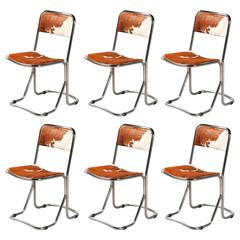 Set of Six Chrome and Cowhide Italian Chairs