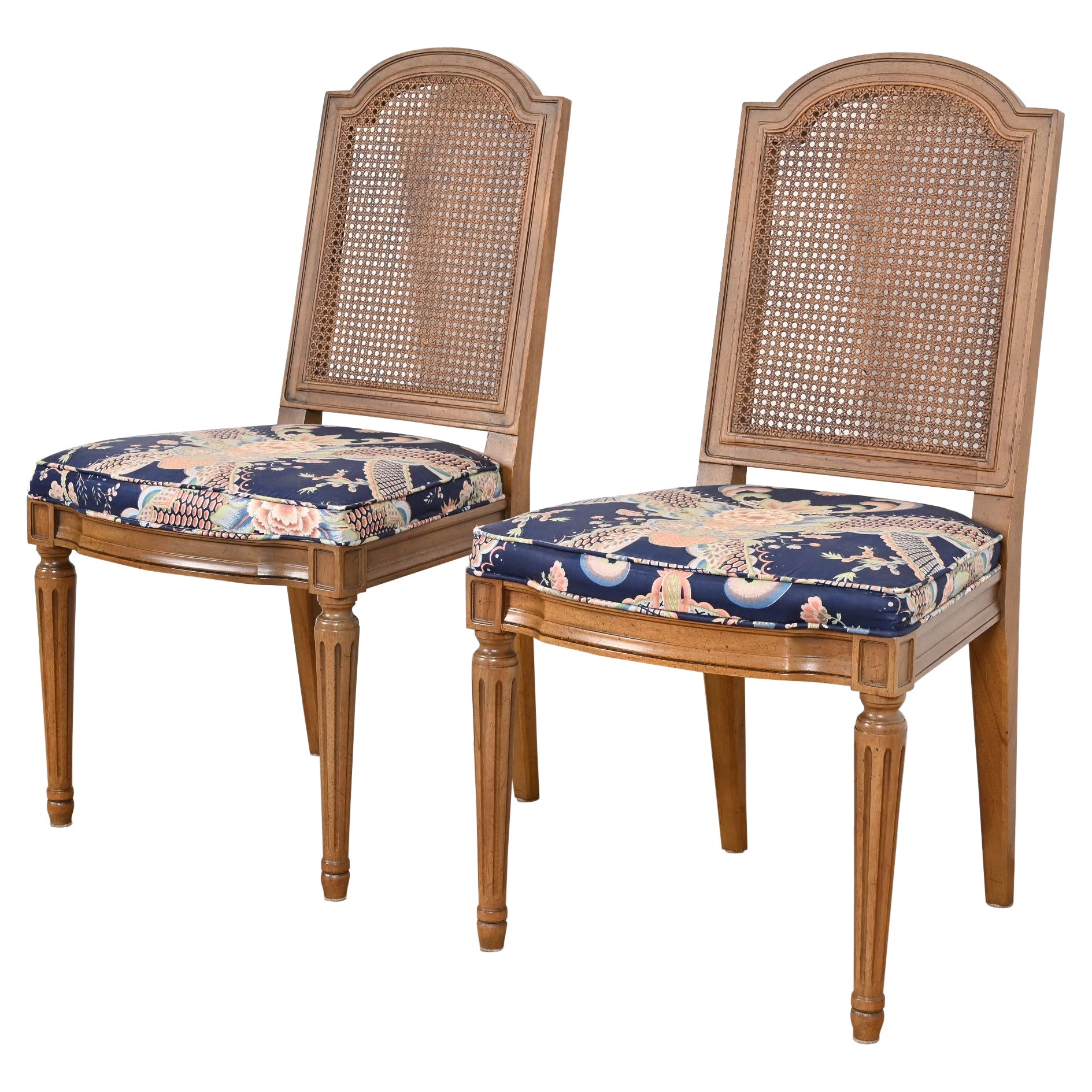 Henredon French Regency Louis XVI Carved Walnut Cane Back Dining Chairs, Pair