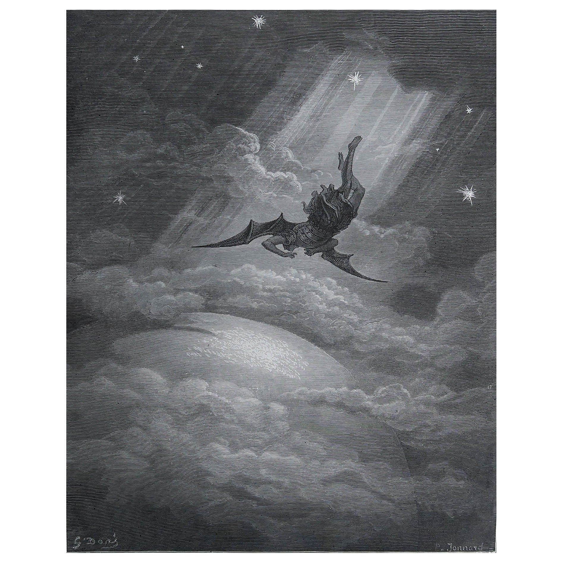 Grande stampa originale antica di Gustave Doré, " Satana si avvicina... ".
