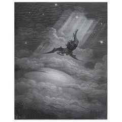 Gran Grabado Antiguo Original de Gustave Doré, " Satanás acercándose... "