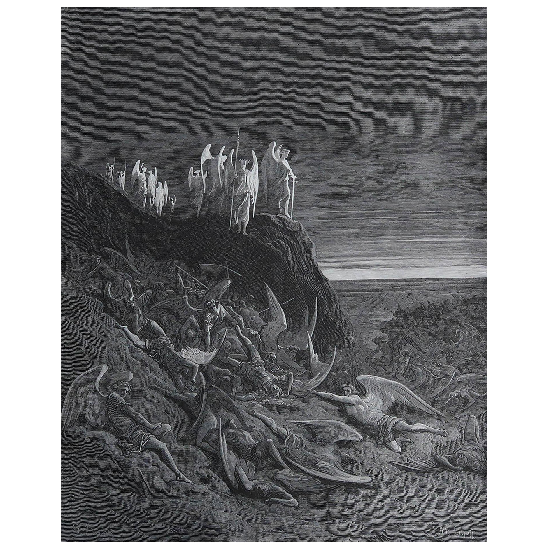 Grande stampa originale antica di Gustave Doré, "La guerra in cielo".