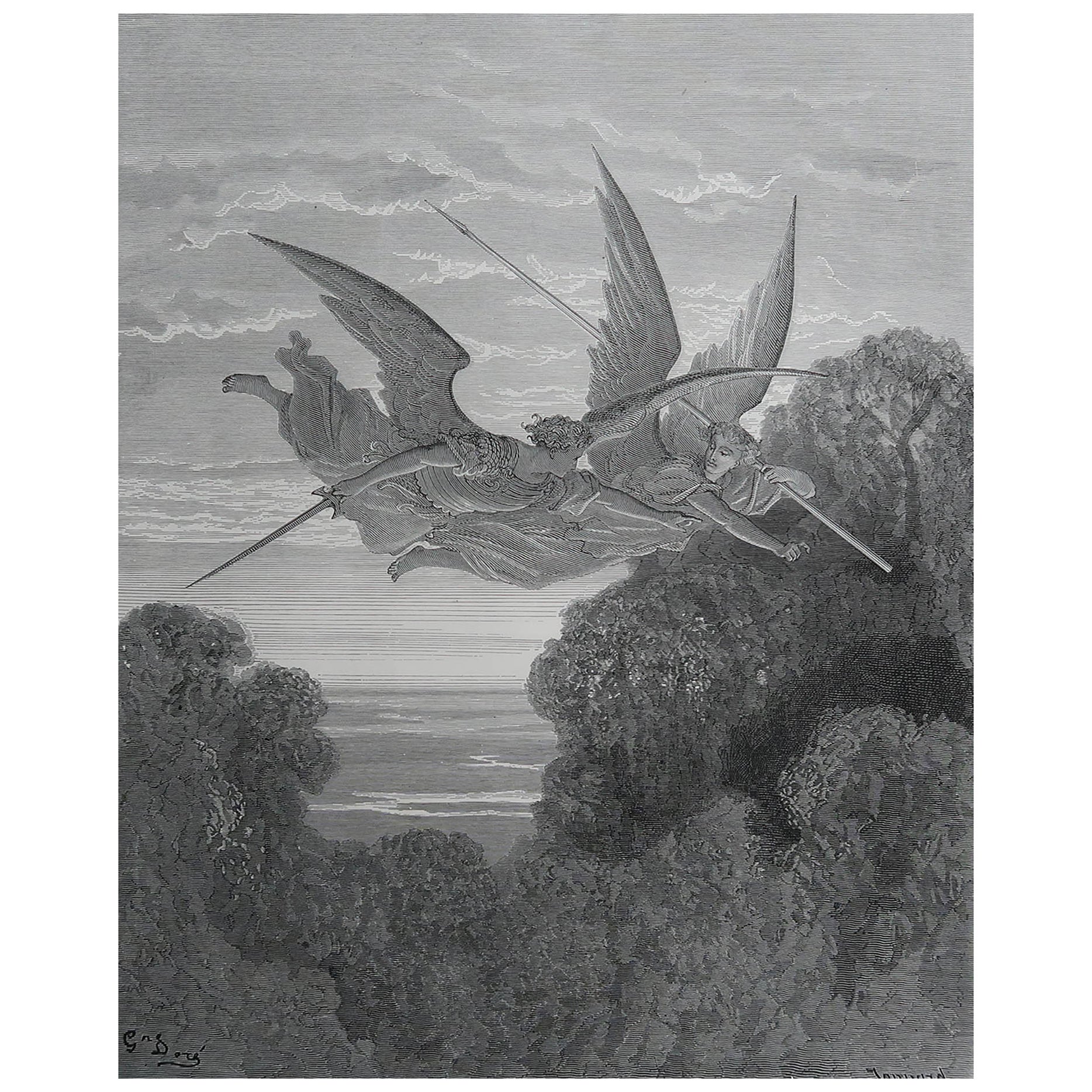 Large Original Antique Print By Gustave Doré, " Ithuriel And Zephon "