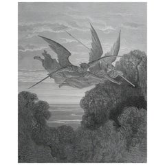 Gran Grabado Antiguo Original de Gustave Doré, " Ithuriel y Zephon "