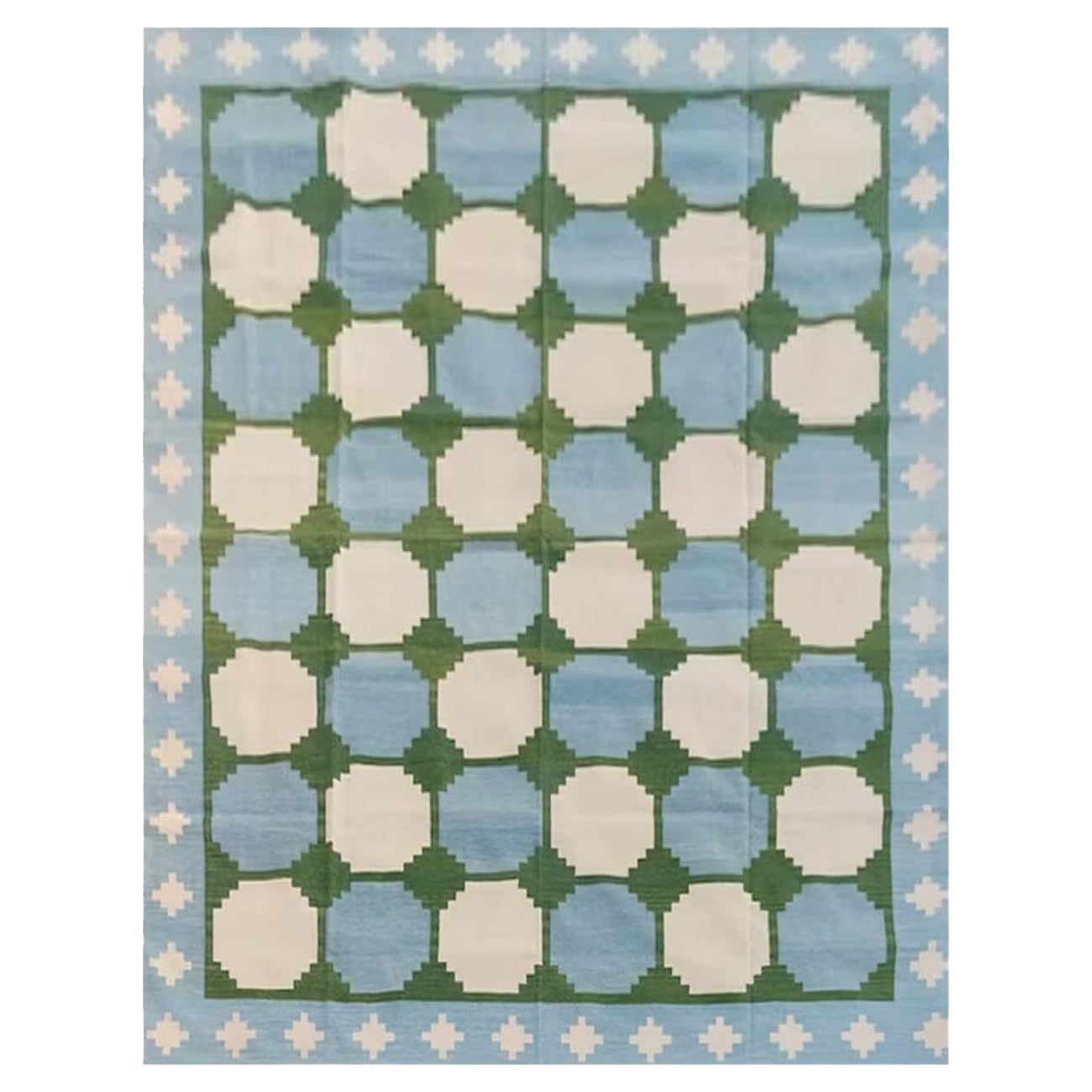 Alfombra de Algodón Hecha a Mano, 14x16 Azulejos Azules y Verdes Dhurrie India