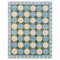 Tappeto a tessitura piatta in cotone fatto a mano, 14x16 Blue and Green Tile Indian Dhurrie