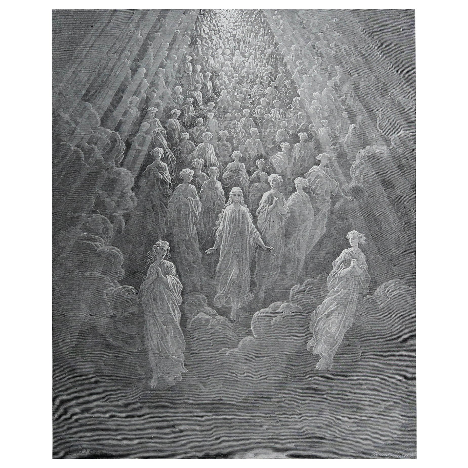 Large Original Antique Print By Gustave Doré, " Angels In Mercury "