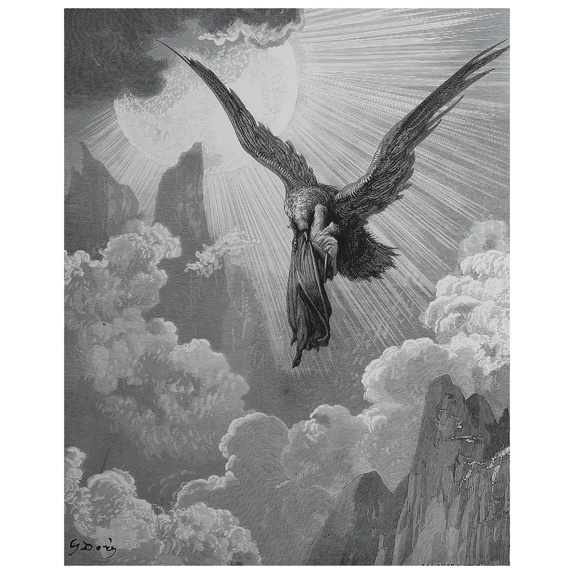Large Original Antique Print By Gustave Doré, " Dante And The Eagle "