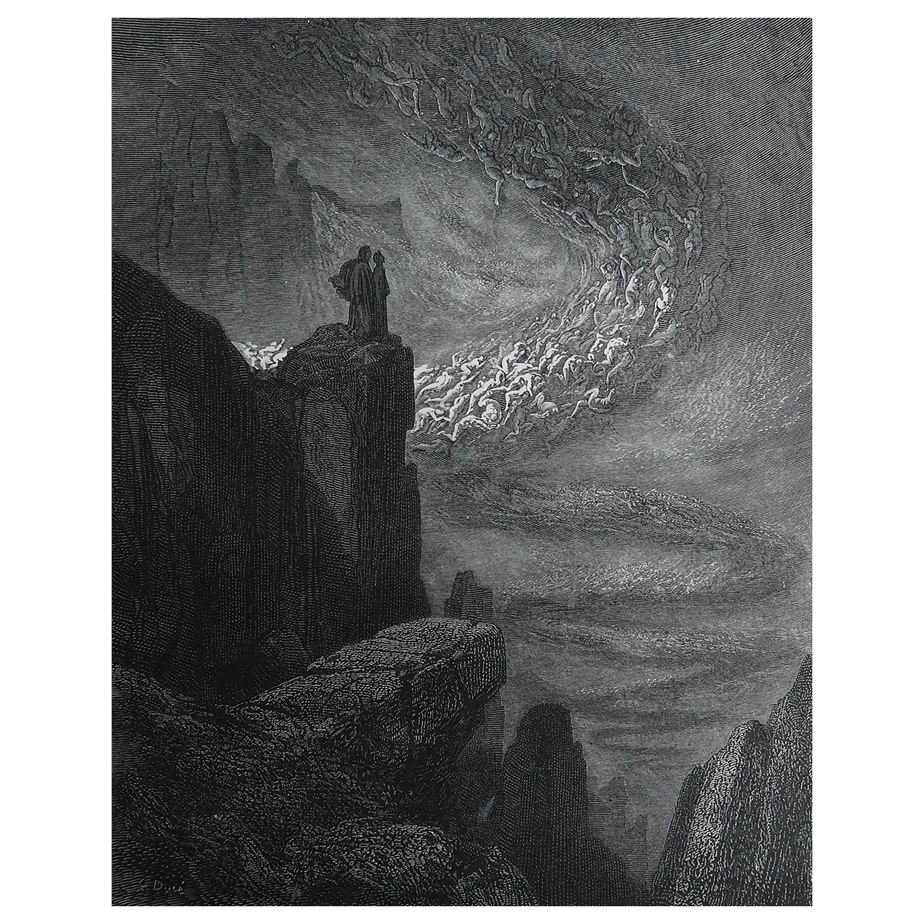 Large Original Antique Print By Gustave Doré, " Tempest of Hell "