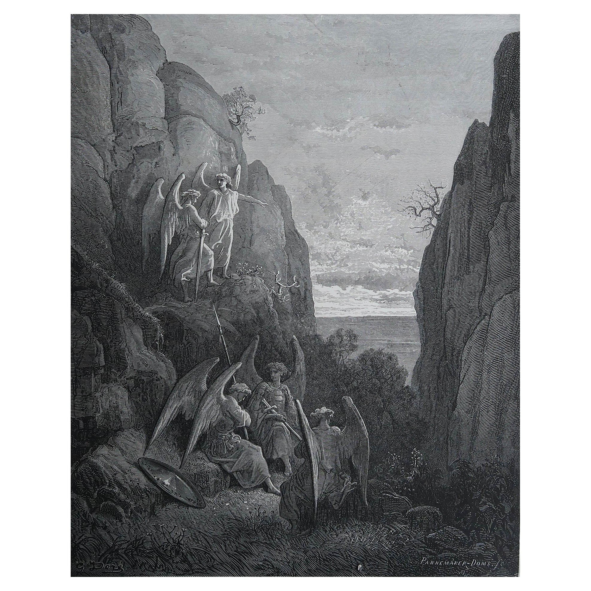 Grande stampa originale antica di Gustave Doré, "La carica di Ariel a Gabriel". in vendita