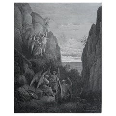 Gran Grabado Antiguo Original de Gustave Doré, " El encargo de Ariel a Gabriel "