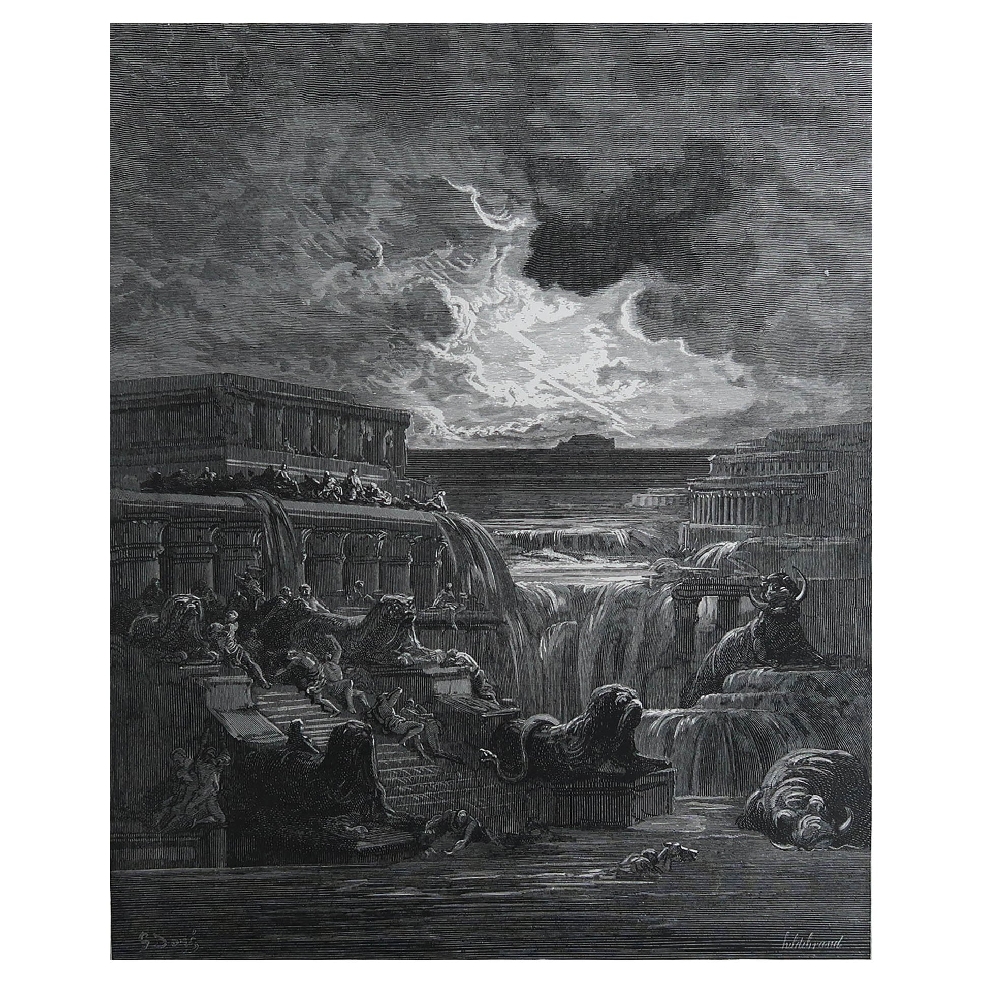 Grande stampa originale d'epoca di Gustave Doré, "Il sorgere delle acque". in vendita