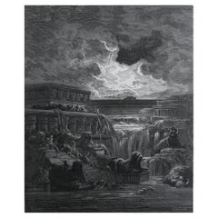 Gran Grabado Antiguo Original de Gustave Doré, " Subida de las Aguas "