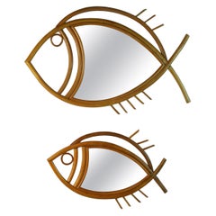 Pair French Rattan Fish Shaped Mirrors 1950's