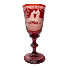 Copa bohemia teñida de rubí con caballos grabados, Karl Pfohl, 1850-1860