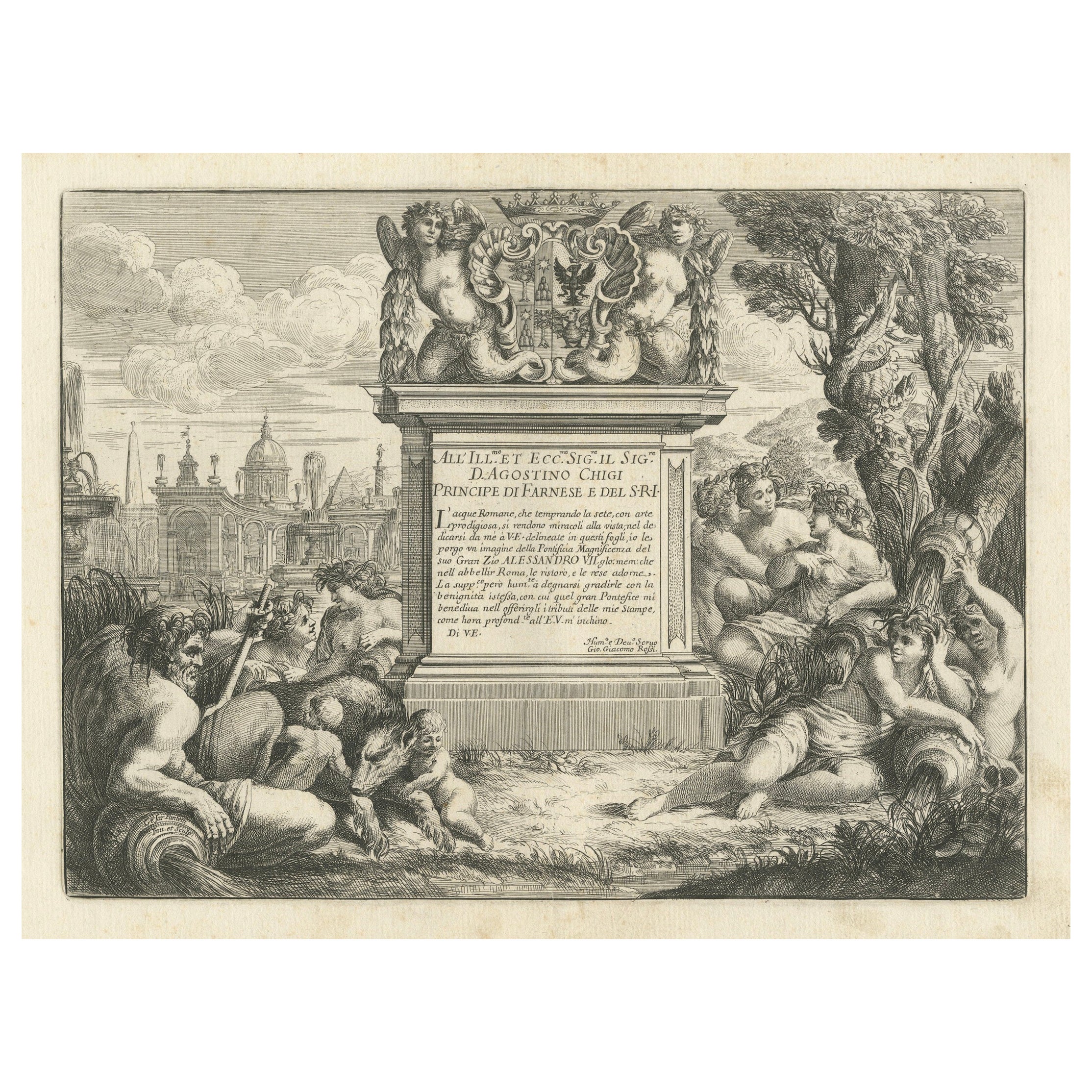 Gravure d'Armoiries d' Agostino Chigi et Vue de Rome, par C.Fantetti, vers 1690
