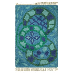 Tapis Rya suédois vintage bleu et vert avec motif géométrique  Rug & Kilim