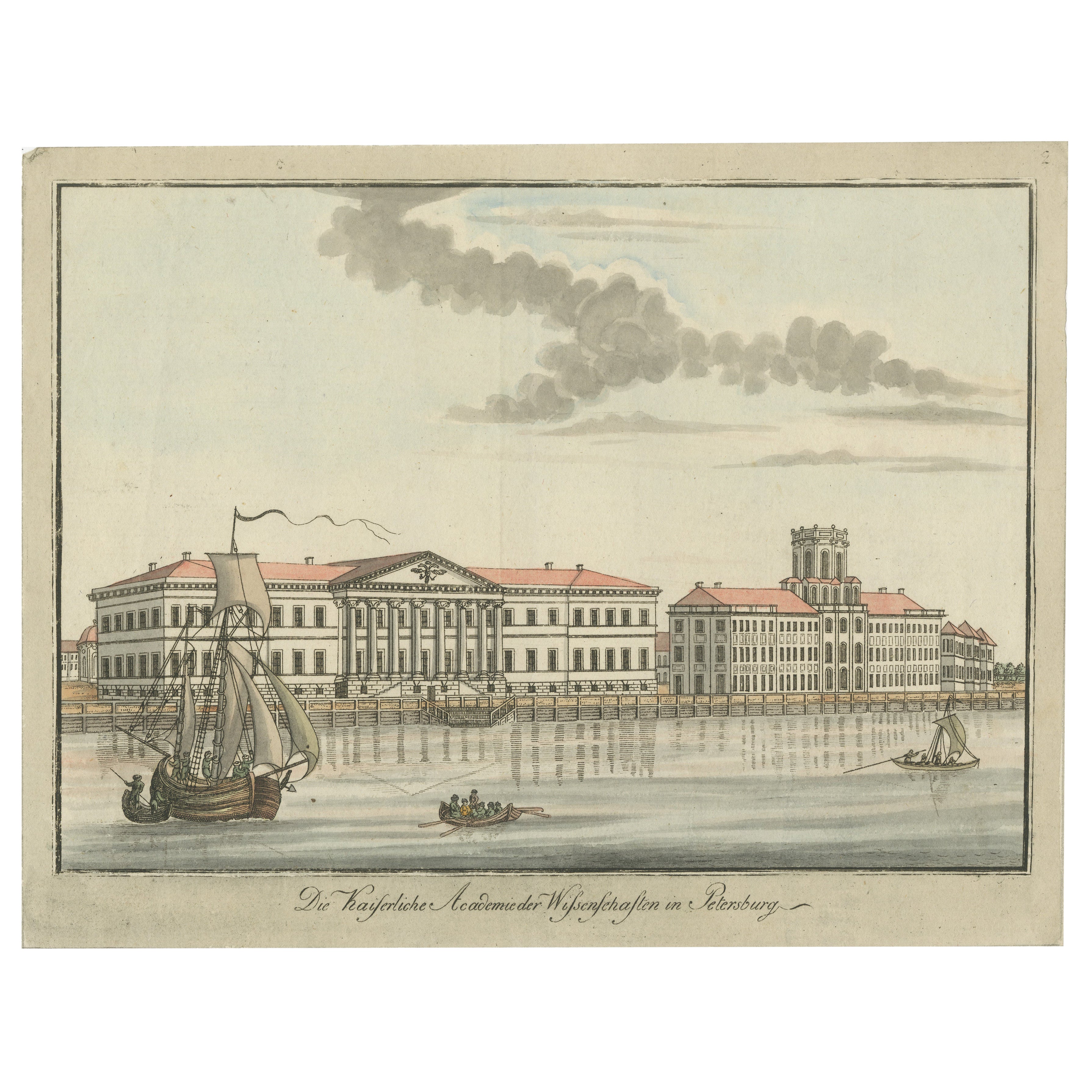 Hand-Colored Engraving of the Academy of Sciences, St. Petersburg, ca. 1792-1820