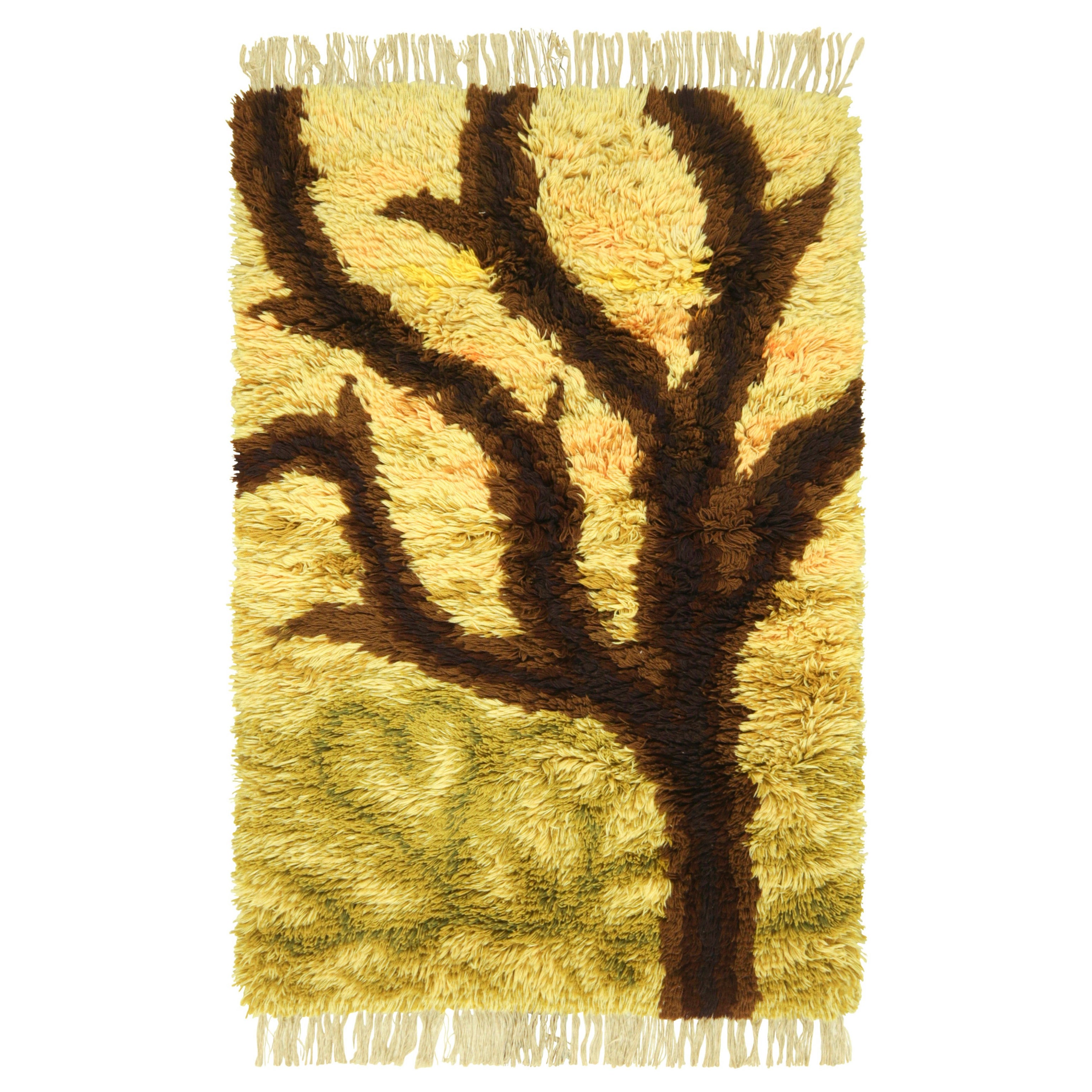 Vintage Swedish Rya Rug In Yellow and Brown with Tree Pictorial  Rug & Kilim