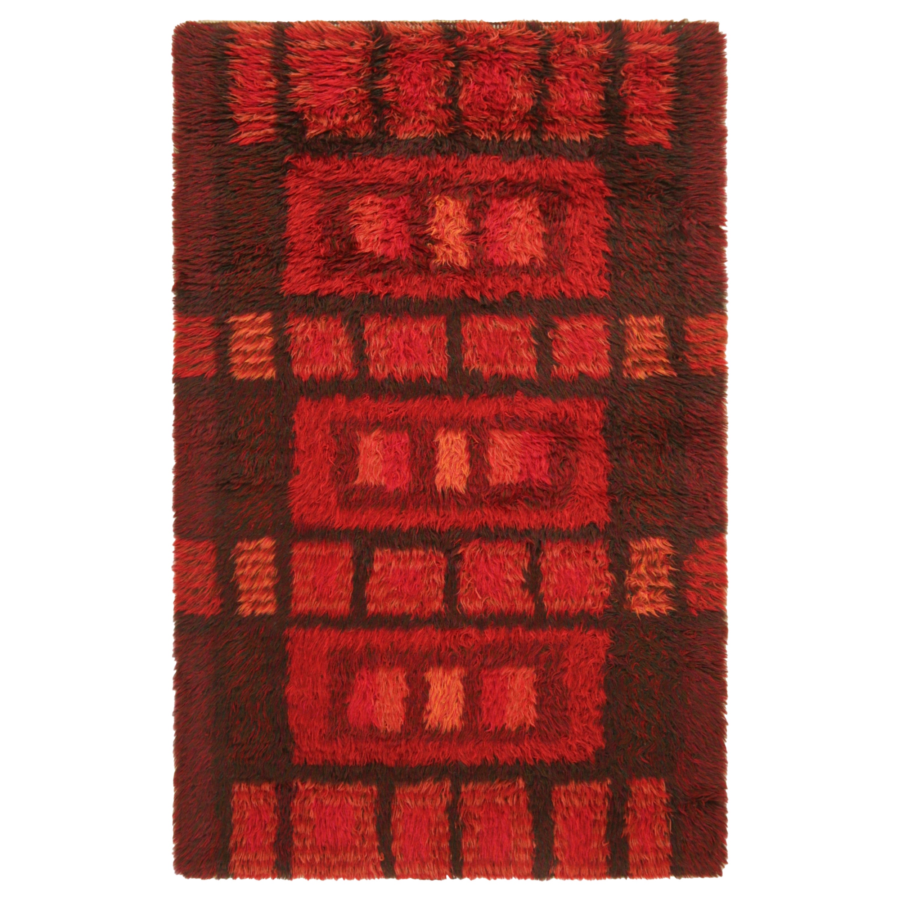 Alfombra sueca vintage Rya roja y marrón con dibujo geométrico  Rug & Kilim
