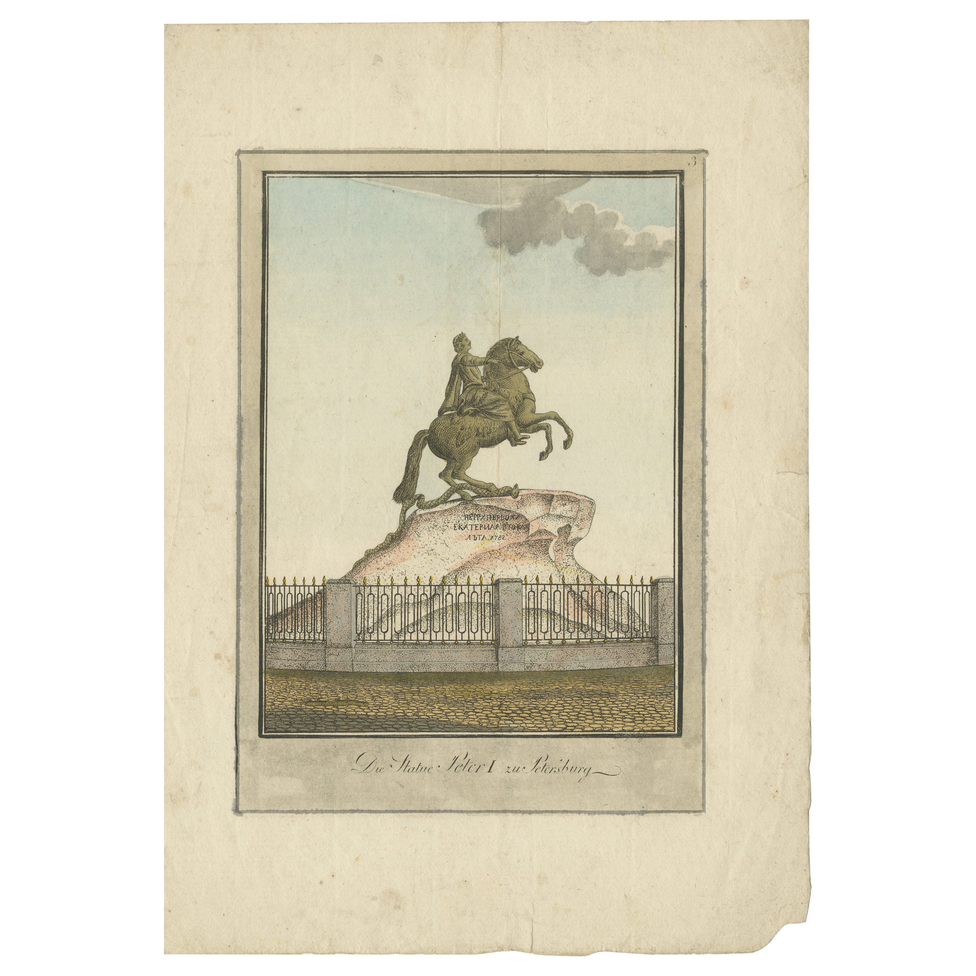 Engraving of the Bronze Horseman Statue of Peter the Great, St. Petersburg, 1890 For Sale