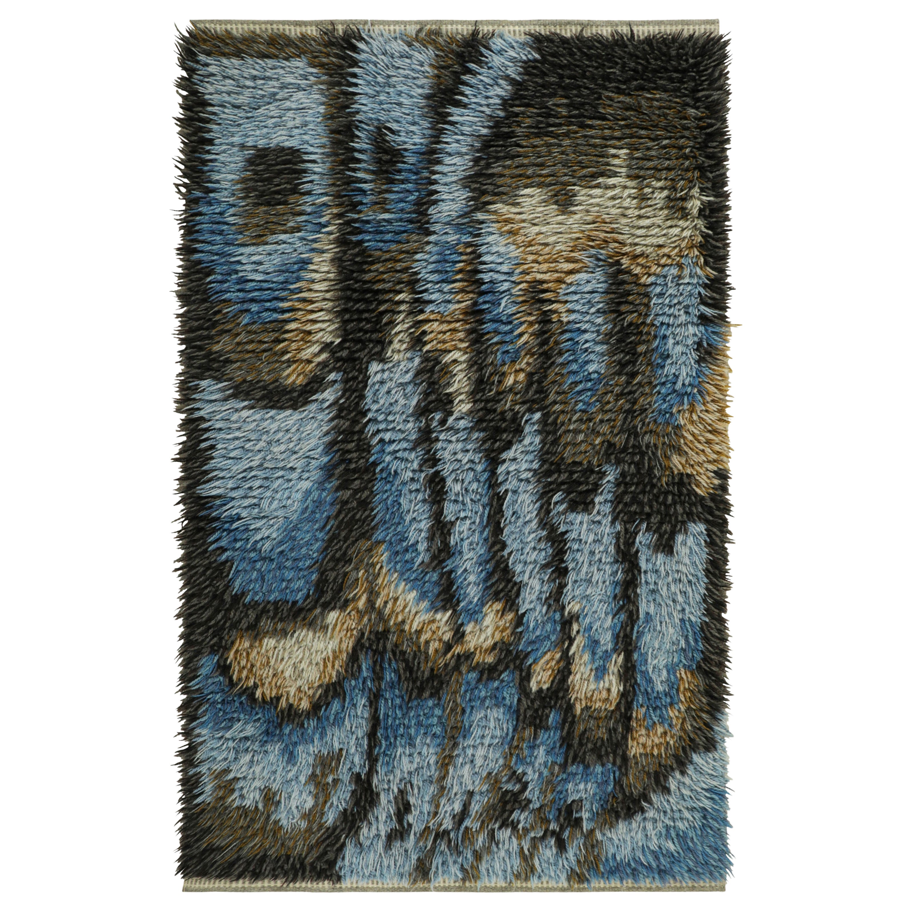 Vintage Swedish Rya Rug In Blue with Geometric Pattern  Rug & Kilim