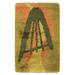 Tapis Rya suédois vintage vert avec motif géométrique  Rug & Kilim