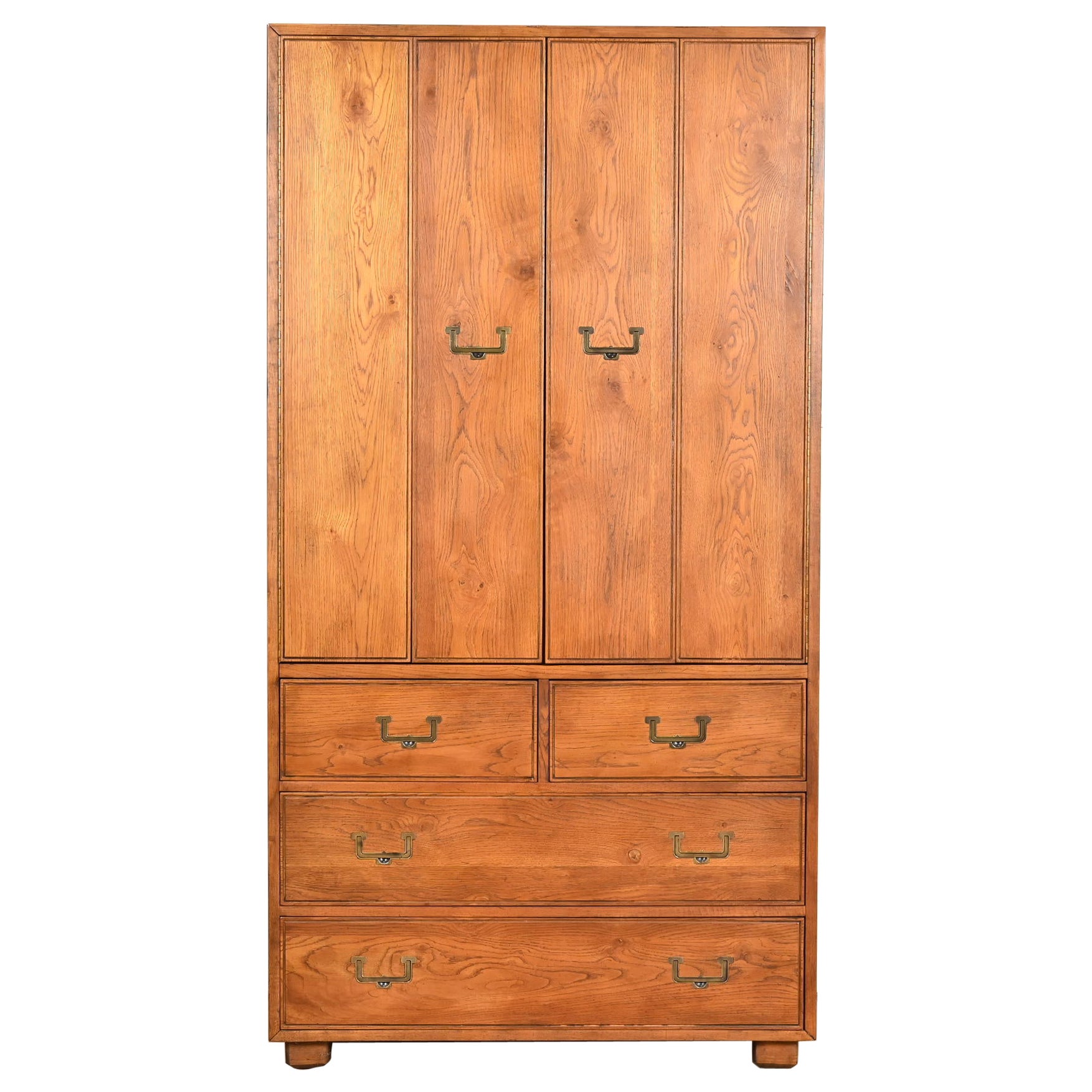 Henredon Mid-Century Modern Campaign Oak Armoire Dresser, Circa 1970s