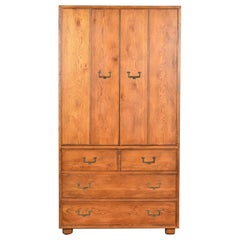Henredon Mid-Century Modern Campaign Oak Armoire Dresser, Circa 1970s