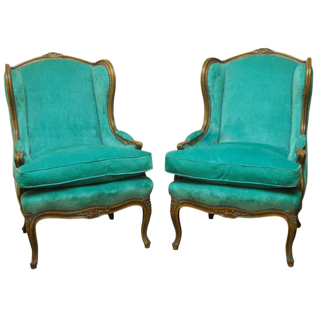 Pair of Louis XV Style Turquoise Velvet Wingback Bergères