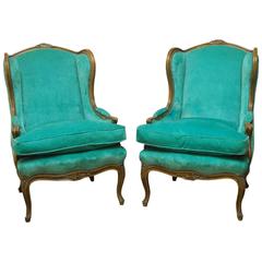 Pair of Louis XV Style Turquoise Velvet Wingback Bergères 10