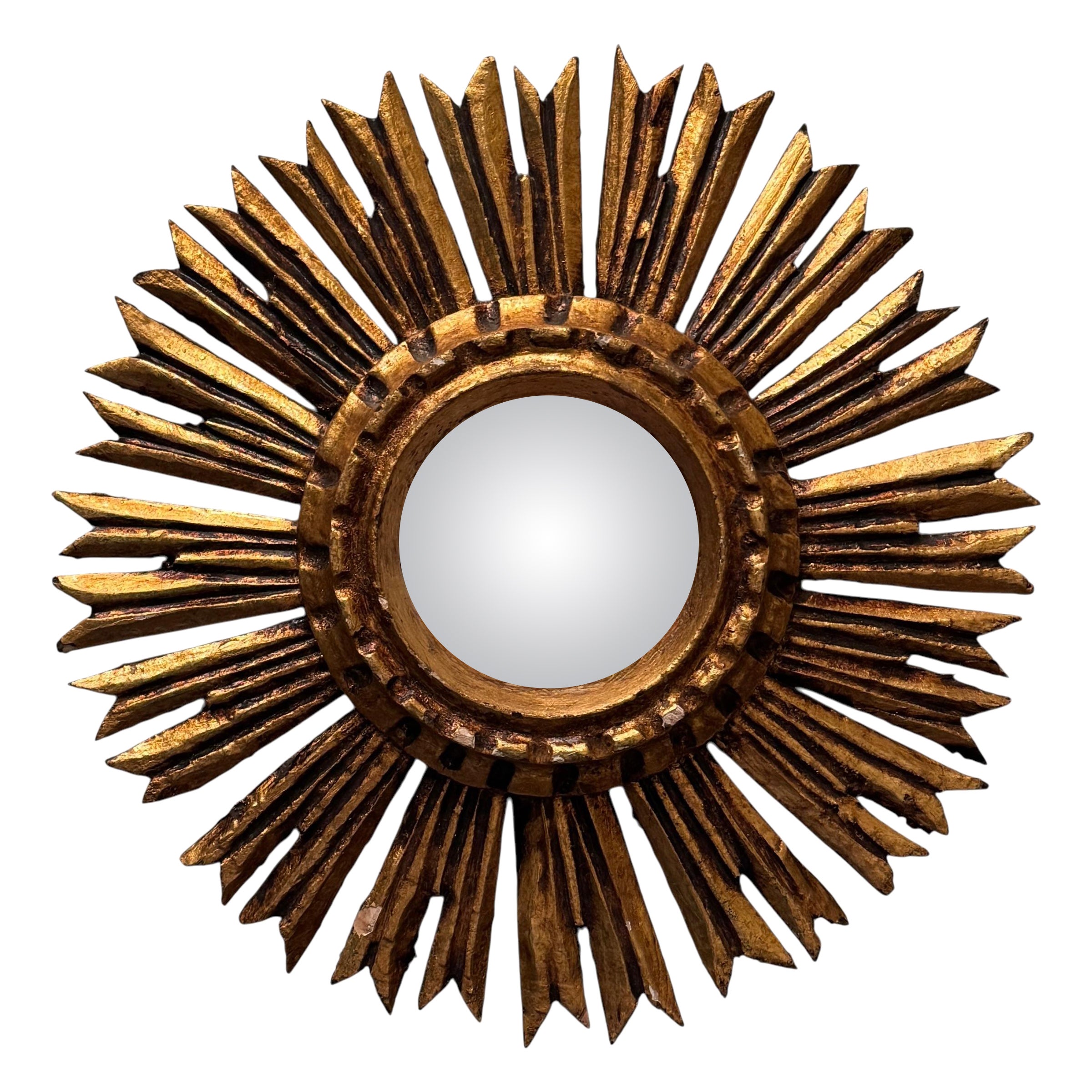 Petite Starburst Sunburst Vergoldetes Holz Konvexer Spiegel, Deutschland ca. 1950er Jahre